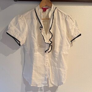 Sunny Leigh 100% Linen Sleeve Button Up Blouse with RicRac Black Trim, Size L